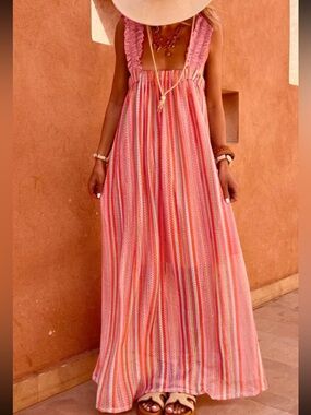 1210. Pink Striped ribbon bow tie flowy Maxi vacation dress